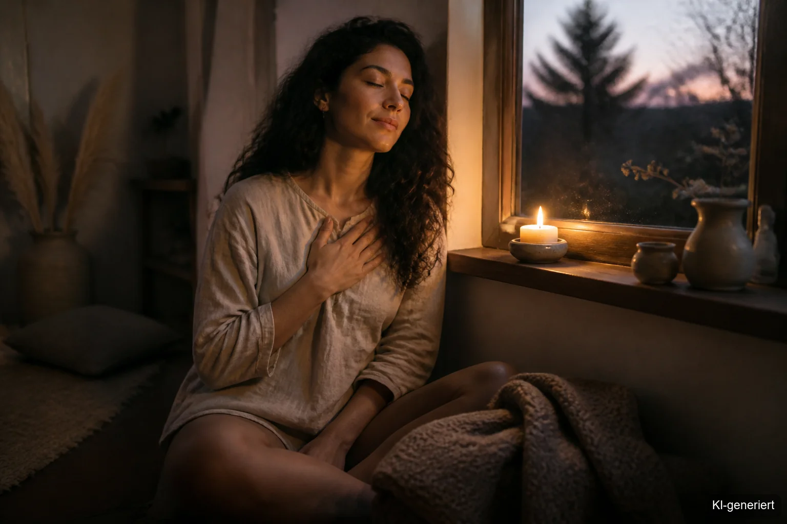Frau bei einem abendlichen Kerzenritual am Fenster, mit Hand auf dem Herzen und Tee in Reichweite