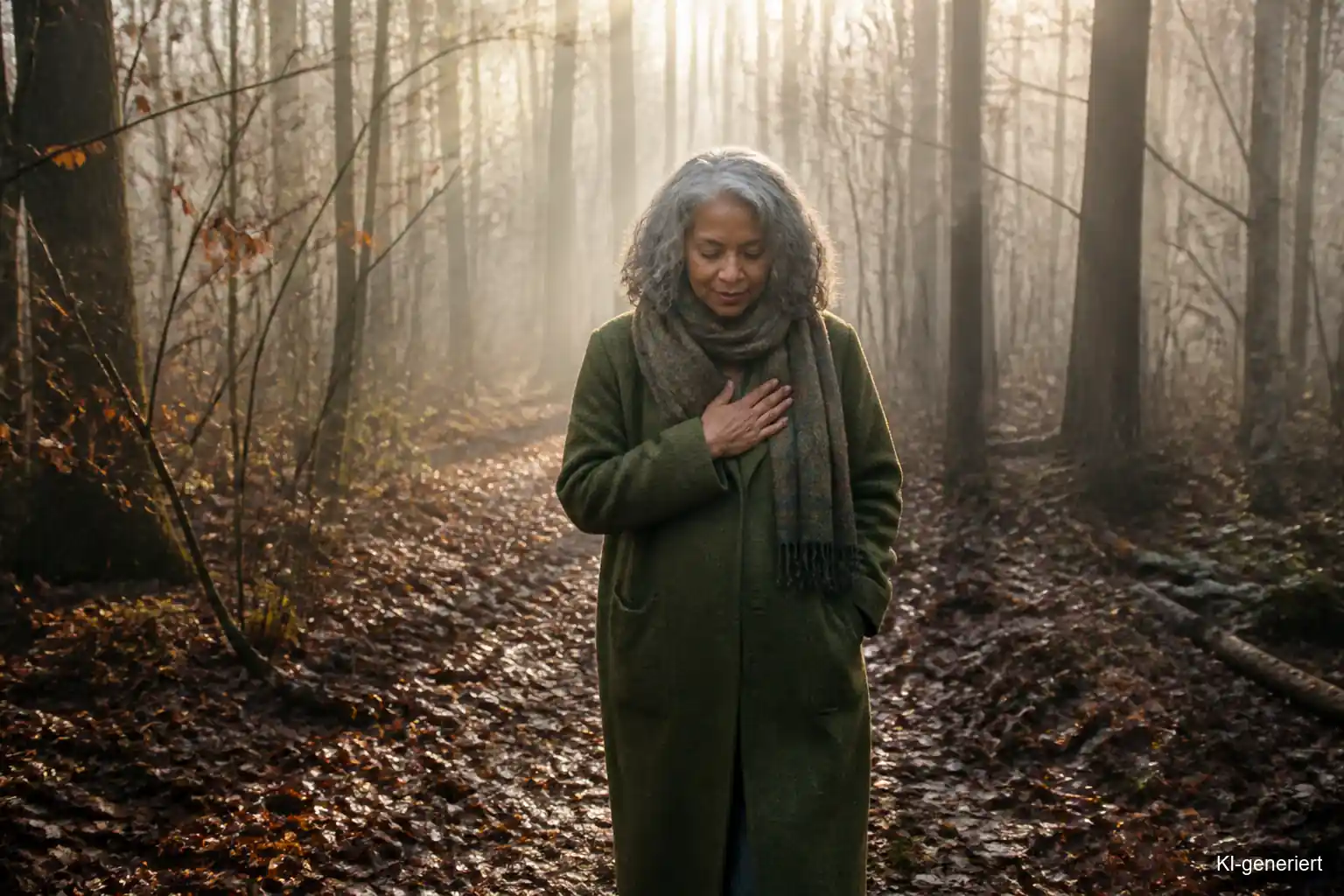 Frau geht langsam durch einen nebligen Novemberwald und legt eine Hand auf ihr Herz