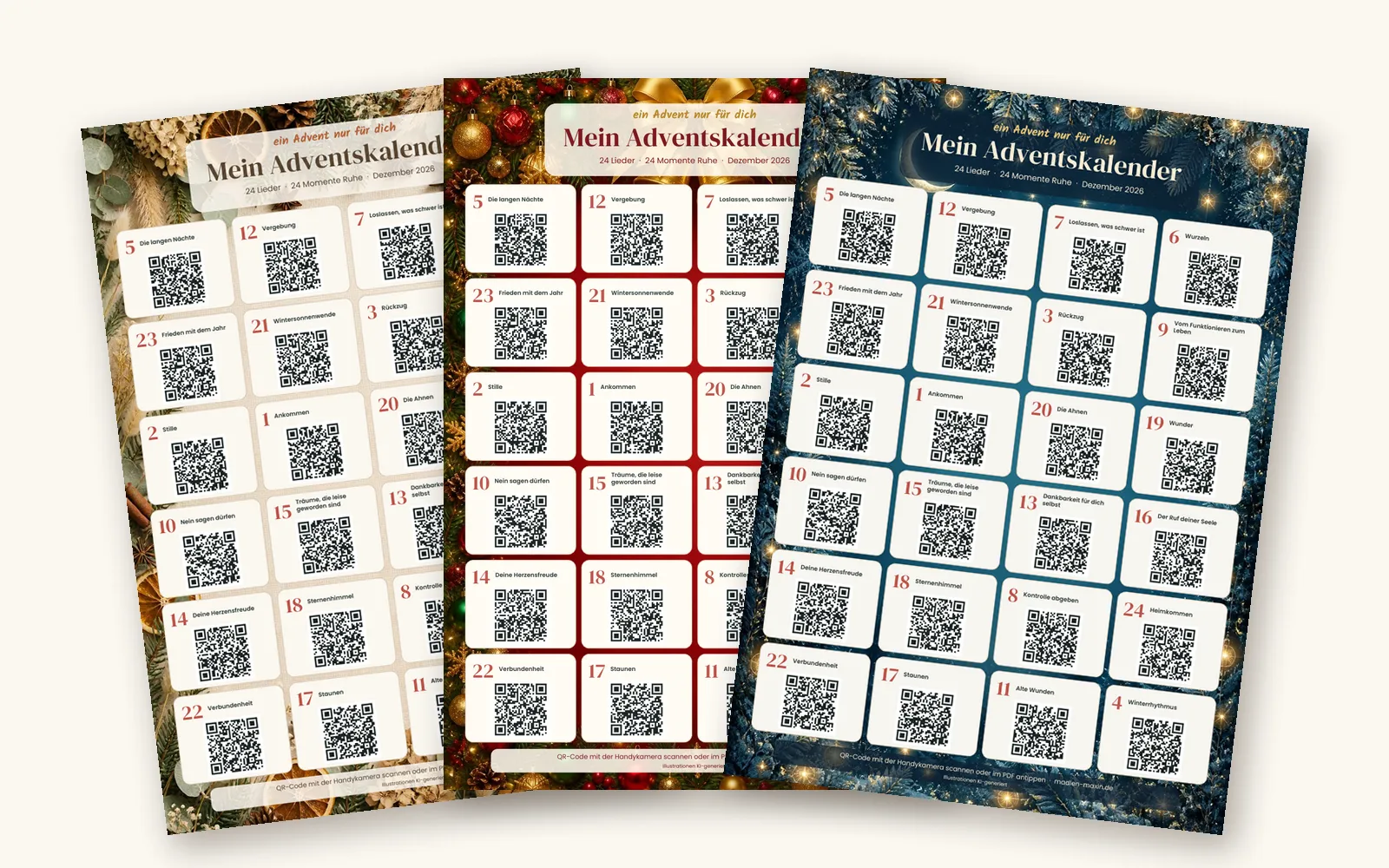 Kostenloser Adventskalender zum Ausdrucken in drei Designs: klassisch, Natur-Boho und mystisch