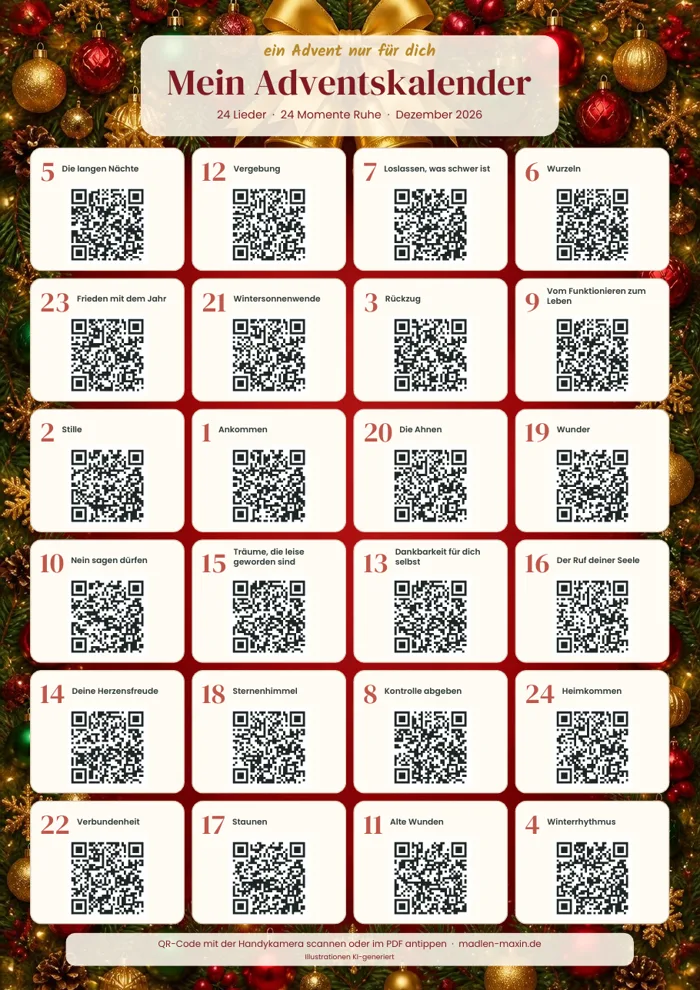 Adventskalender zum Ausdrucken im klassischen Weihnachtsdesign in Rot und Gold
