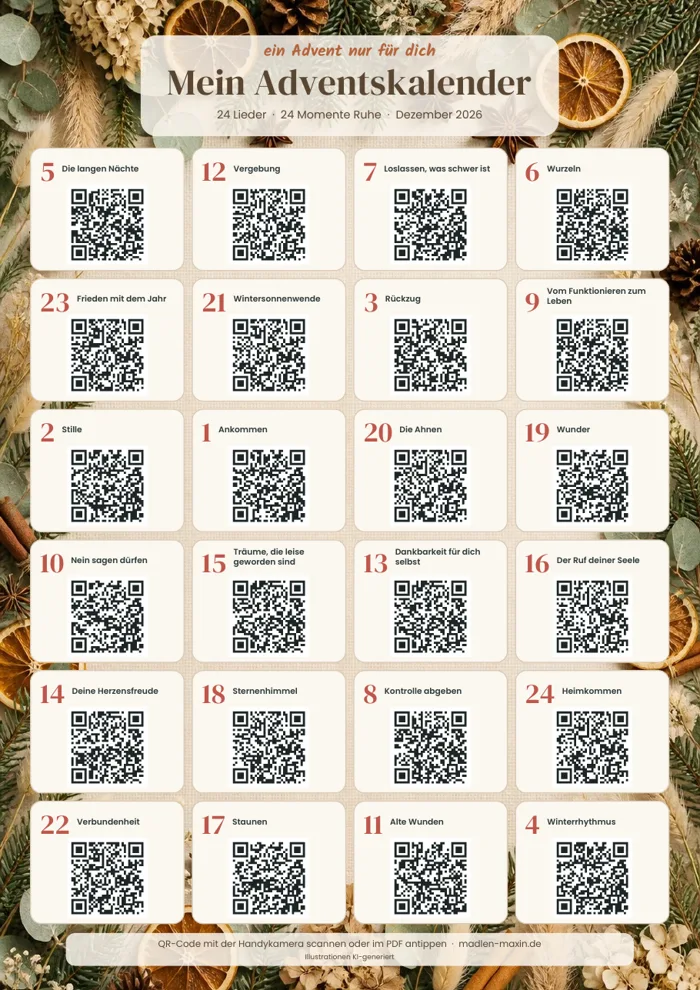 Adventskalender zum Ausdrucken im natürlichen Boho-Design mit Tannengrün und Trockenblumen
